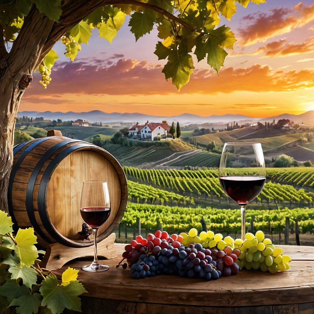 A scenic landscape featuring lush vineyards stretching across rolling hills, with clusters of ripe grapes hanging from the vines. In the foreground, a rustic wooden wine barrel and a glass of wine reflecting the sunset. Include a small, charming winery in the background with people enjoying wine tasting. Artistic touches of grapes being pressed into juice and barrels ready for aging, evoking the sense of craftsmanship in wine production. vibrant colors. 3D.