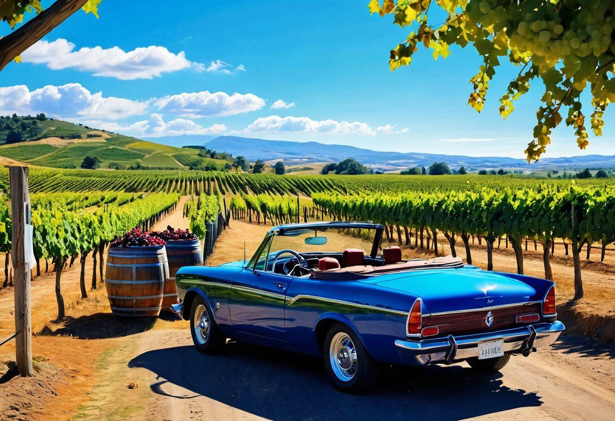 A scenic vineyard landscape with rows of lush grapevines under a bright blue sky, featuring a stylish convertible car parked beside a rustic wooden wine barrel. In the background, a lively wine festival with people toasting with glasses of wine, colorful banners, and food stalls. The scene captures the essence of adventure and exploration, inviting viewers to embark on a wine journey. vibrant colors. super-realistic.