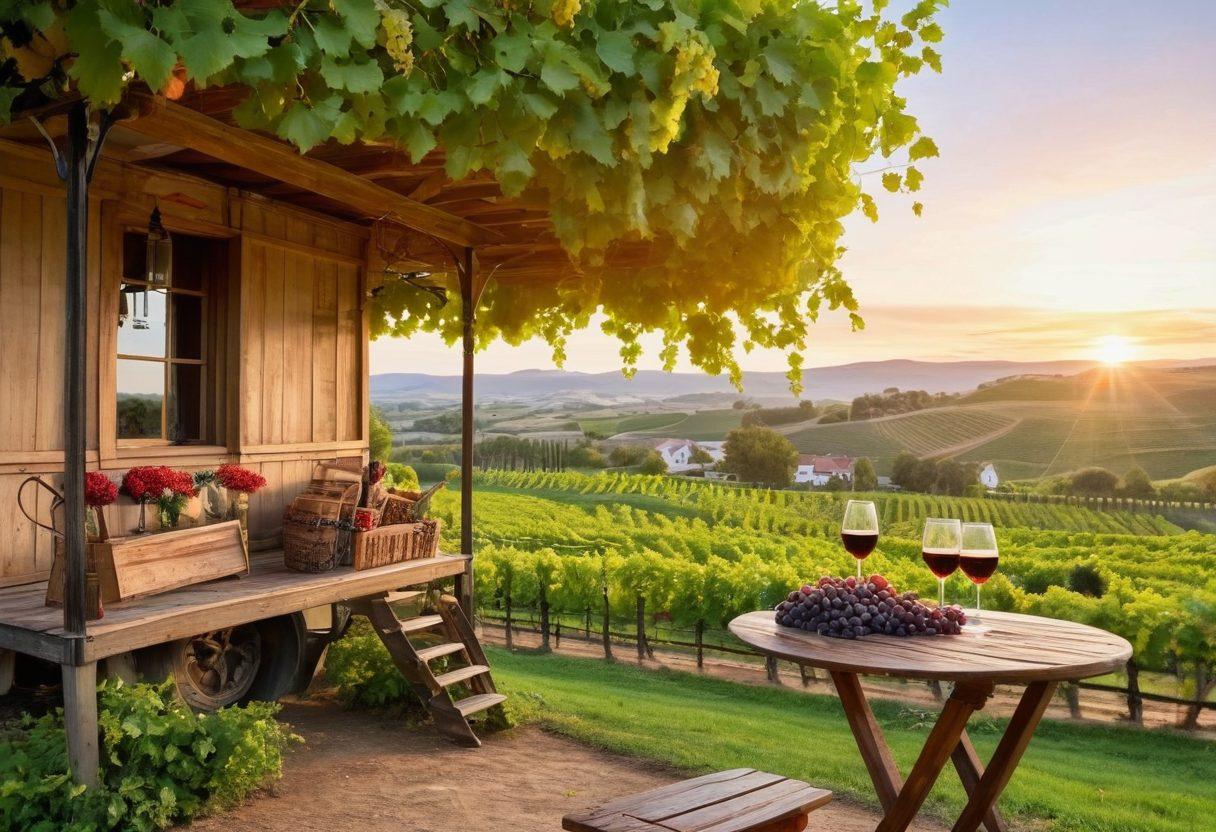 A picturesque vineyard landscape during sunset, with rolling hills covered in lush grapevines and a rustic wooden sign reading 'Wine Tours' in the foreground. Include a couple of wine glasses filled with red wine on a small table, surrounded by clusters of ripe grapes. In the distance, a vintage tour bus is parked near a charming winery building. Evoke a feeling of warmth and discovery in a serene countryside setting. vibrant colors. super-realistic.